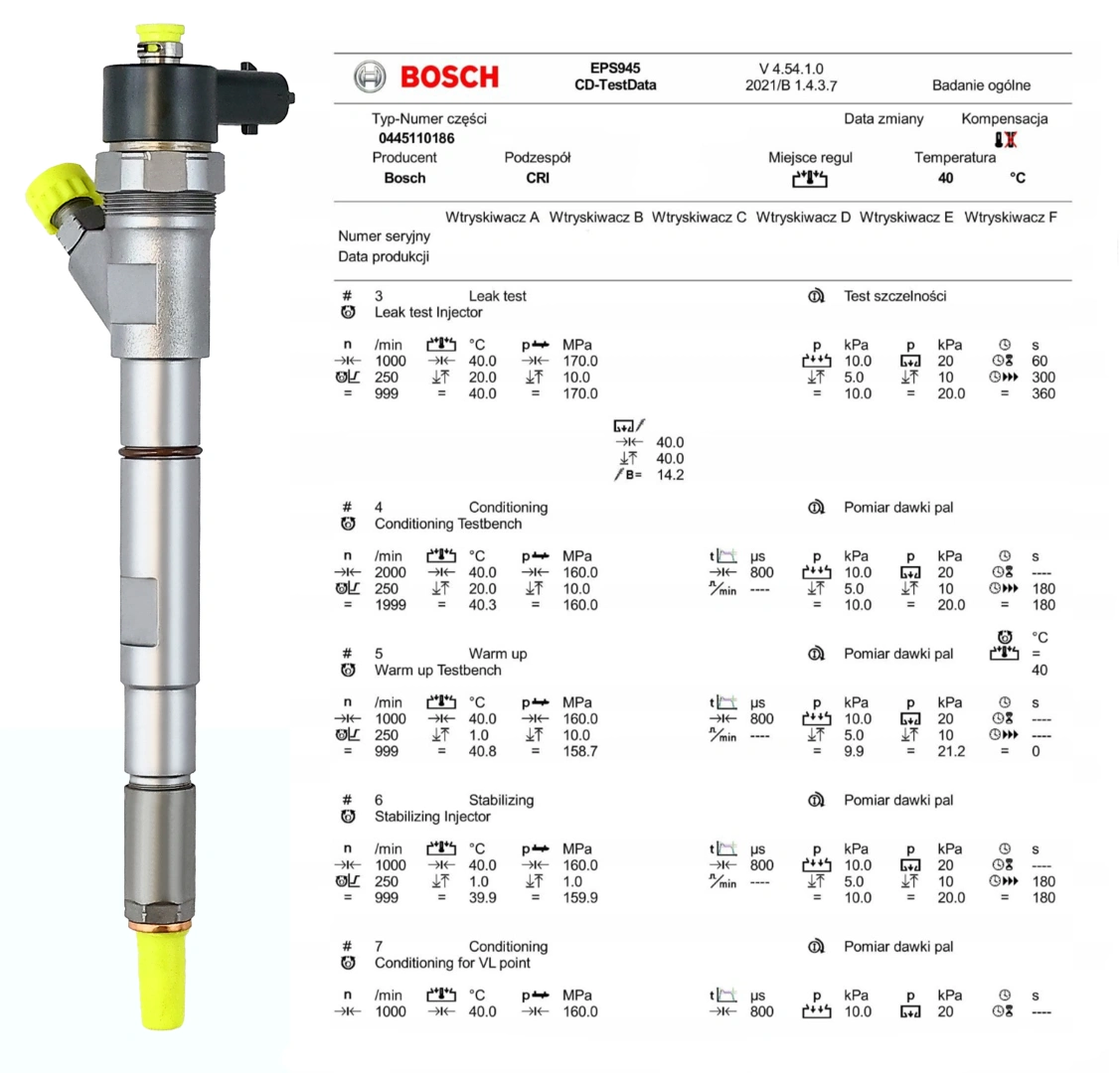 Test wtryskiwacza Bosch 0445110186 na stole probierczym Wtryskiwacz Bosch 0445110186 z kontrolą parametrów