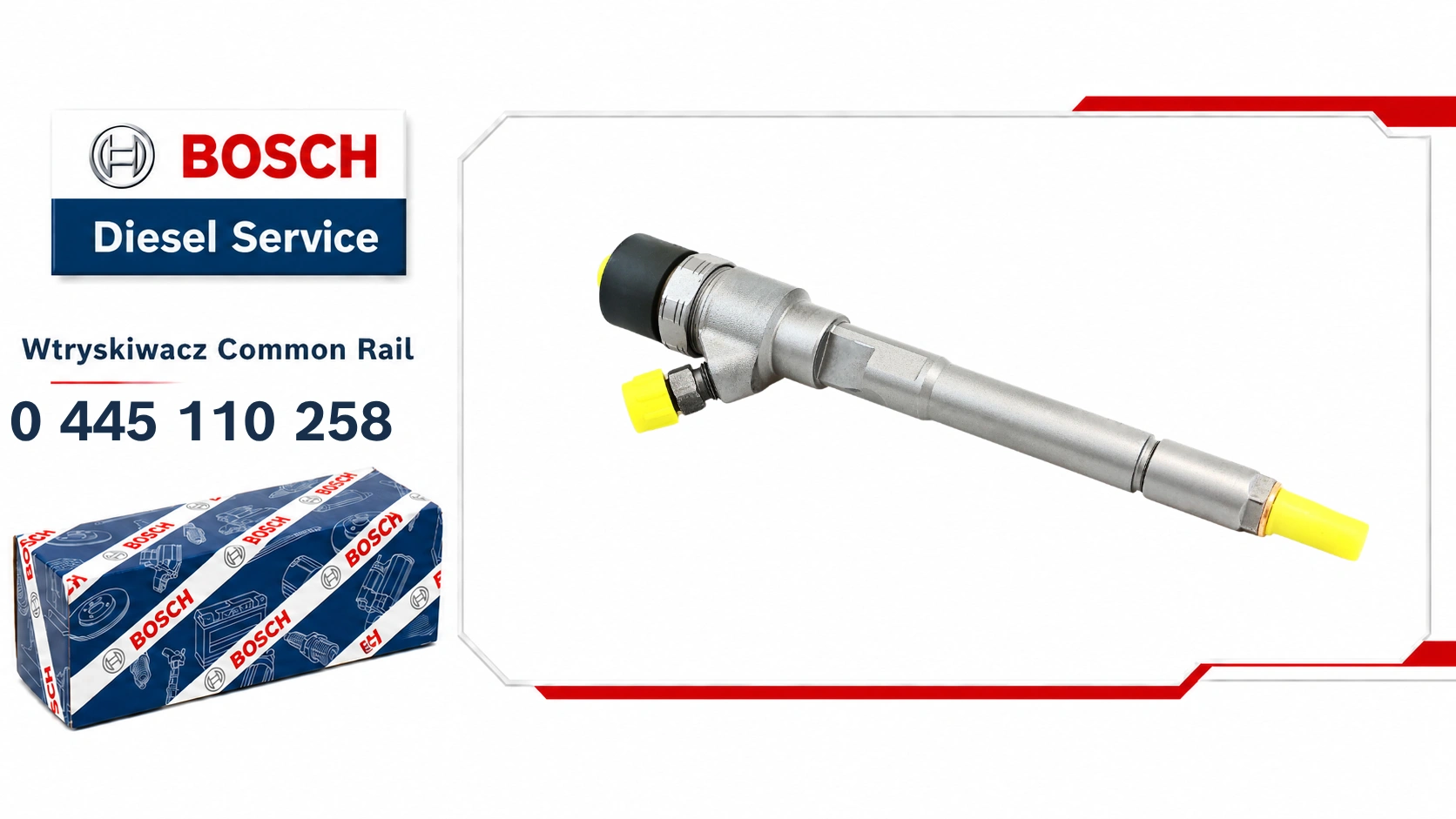 Wtryskiwacz Bosch 0445110258 do układu Common Rail, dostępny jako wariant nowy lub zregenerowany.