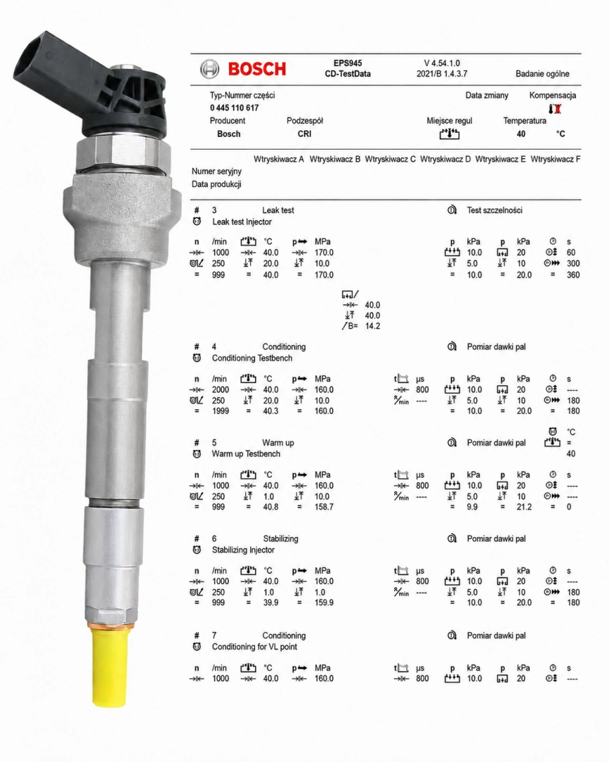 Test wtryskiwacza Bosch 0445110617 na stole probierczym Wtryskiwacz Bosch 0445110617 z kontrolą parametrów