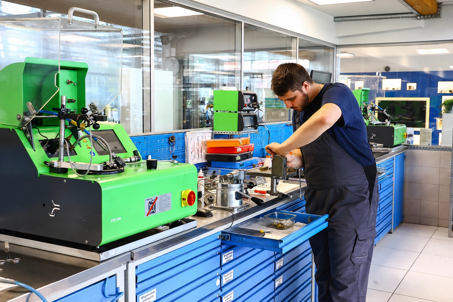 Profesjonalny serwis wtryskiwaczy Siemens VDO Technik wykonujący prace serwisowe przy wtryskiwaczu Siemens VDO w nowoczesnym warsztacie