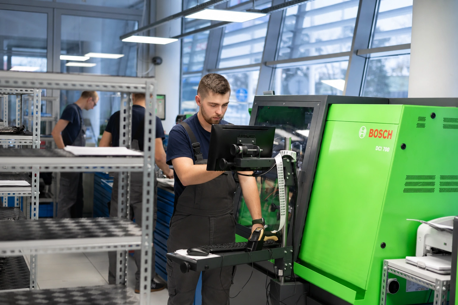 Diagnostyka wtryskiwaczy DENSO na urządzeniu Bosch DCI 700 Stanowisko Bosch DCI 700 z monitorem w nowoczesnym warsztacie diagnostycznym