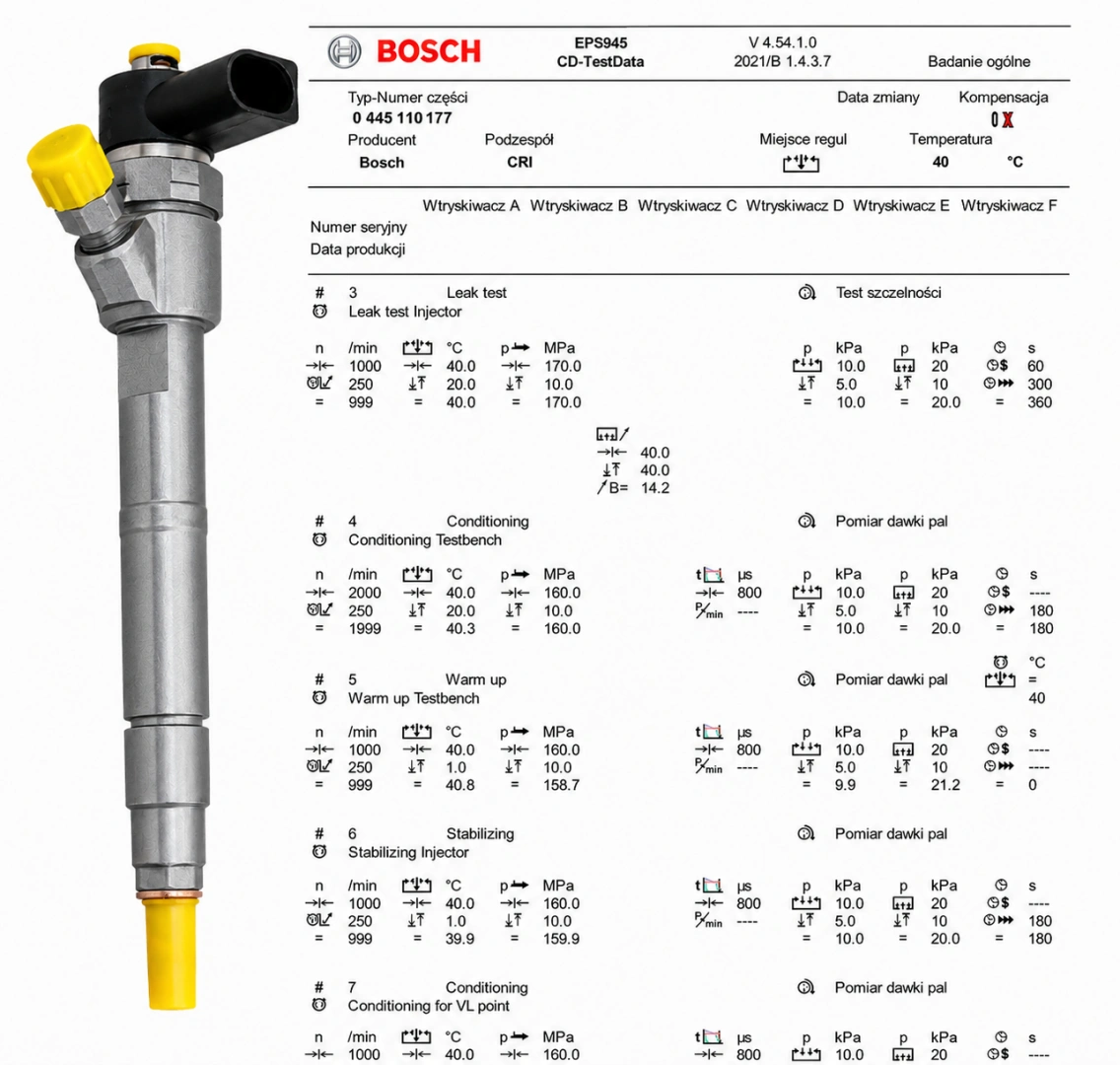 Sprawdzony wtryskiwacz Bosch 0445110177 wraz z dokumentacją kontroli parametrów.