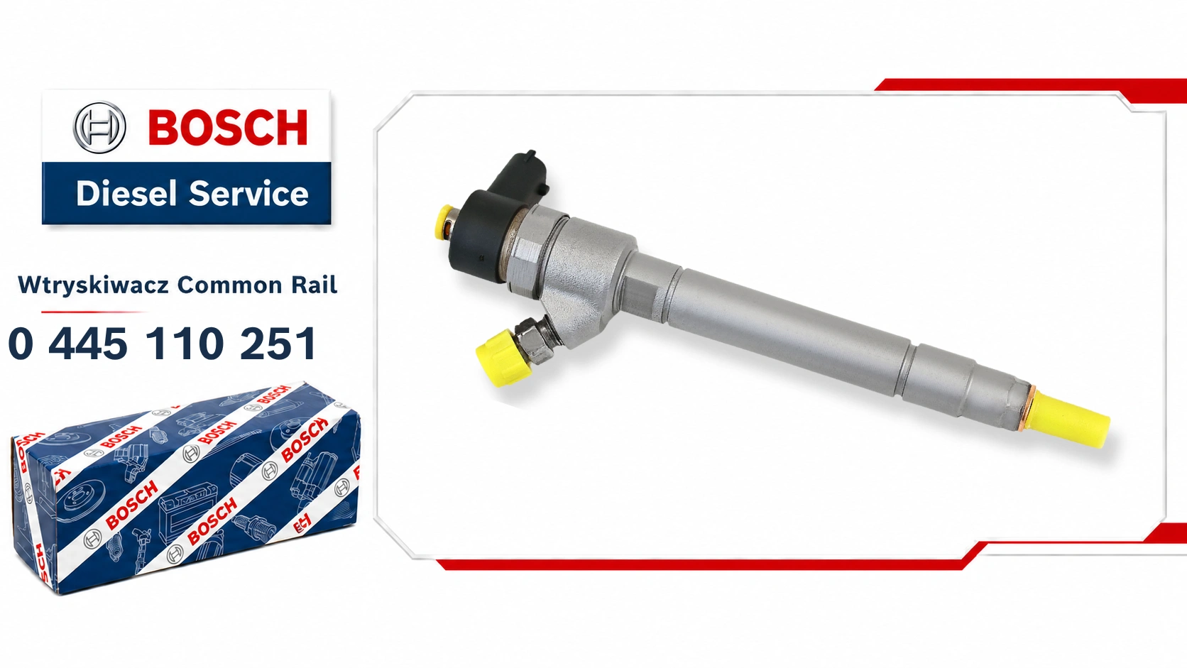 Wtryskiwacz Bosch 0445110251 do układu Common Rail, dostępny jako wariant nowy lub zregenerowany.