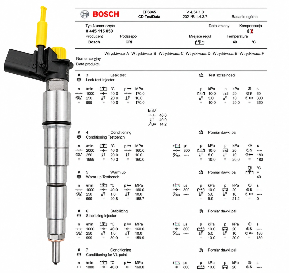 Wtryskiwacz Common Rail Bosch po kontroli parametrów na stanowisku probierczym.