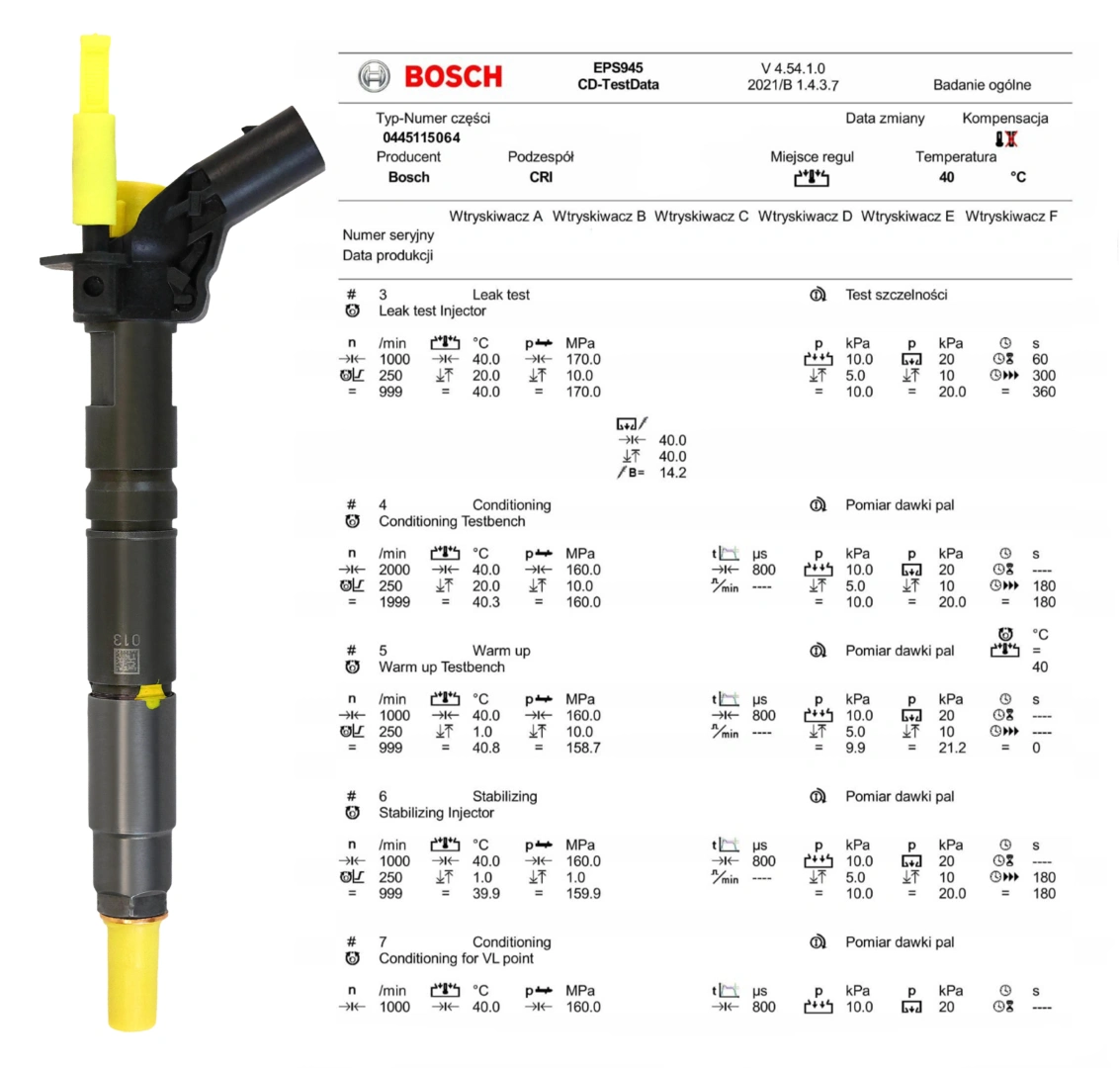 Bosch 0445115064 po teście parametrów Common Rail z protokołem.