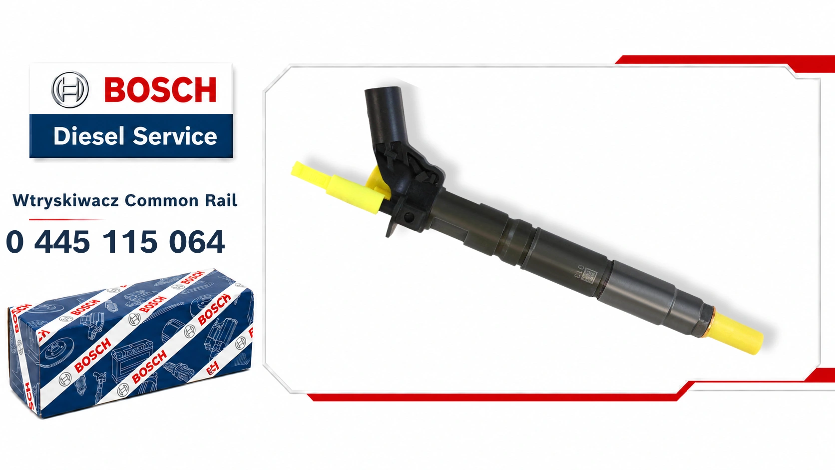Wtryskiwacz Bosch 0445115064 do układów Common Rail w silnikach 3.0 CDI i 3.0 CRD, dostępny jako nowy lub zregenerowany.