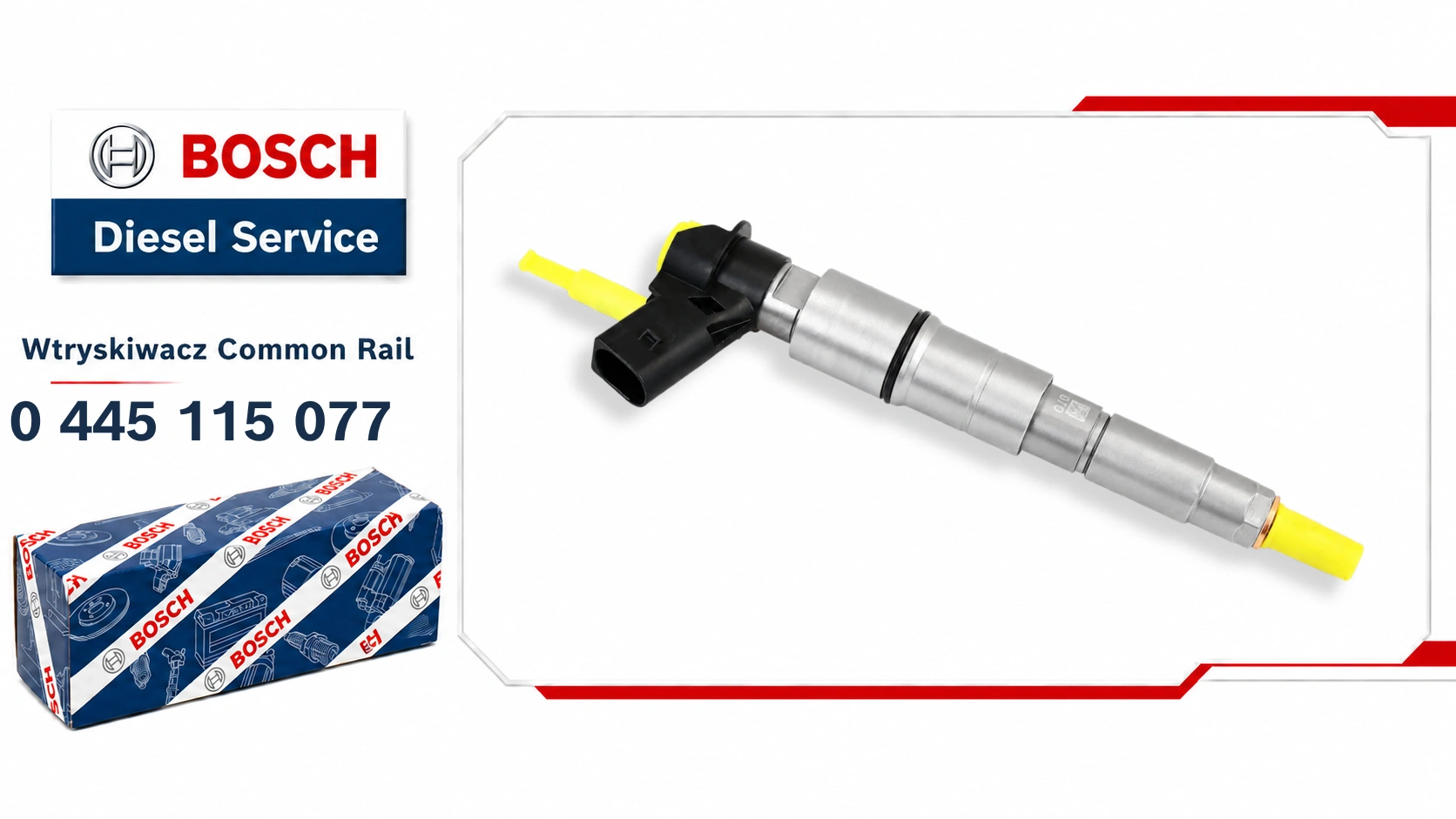 Wtryskiwacz Bosch 0445115077 do wybranych silników BMW 3.0d i 35d, dostępny jako wariant nowy lub zregenerowany.