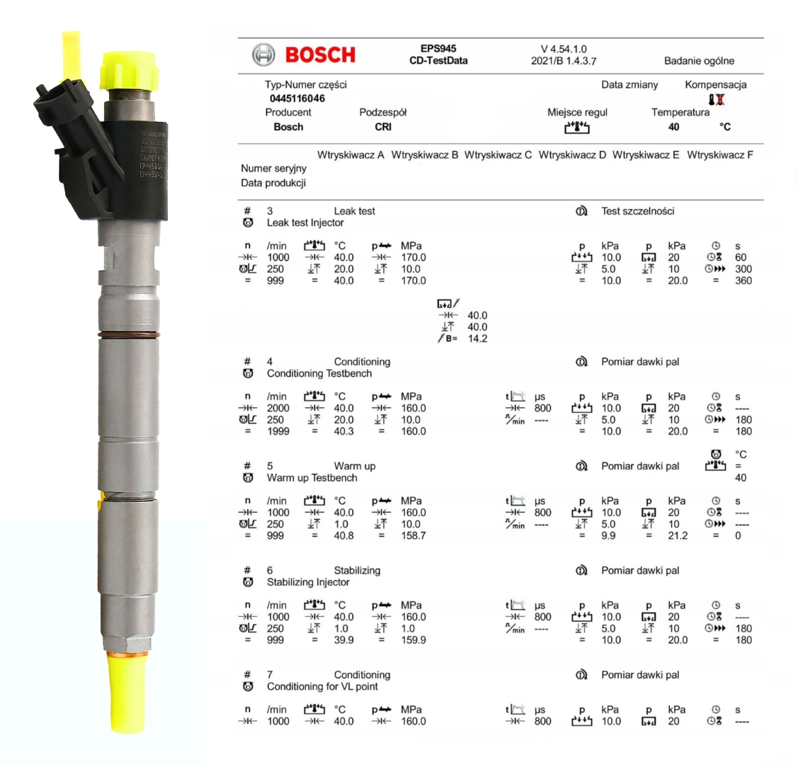 Wtryskiwacz Bosch 0445116046 z protokołem testu
