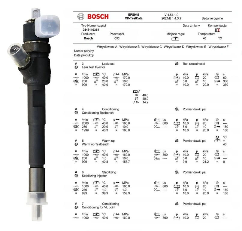 Test parametrów wtryskiwacza Bosch 0445110351 Wtryskiwacz Common Rail z protokołem testowym