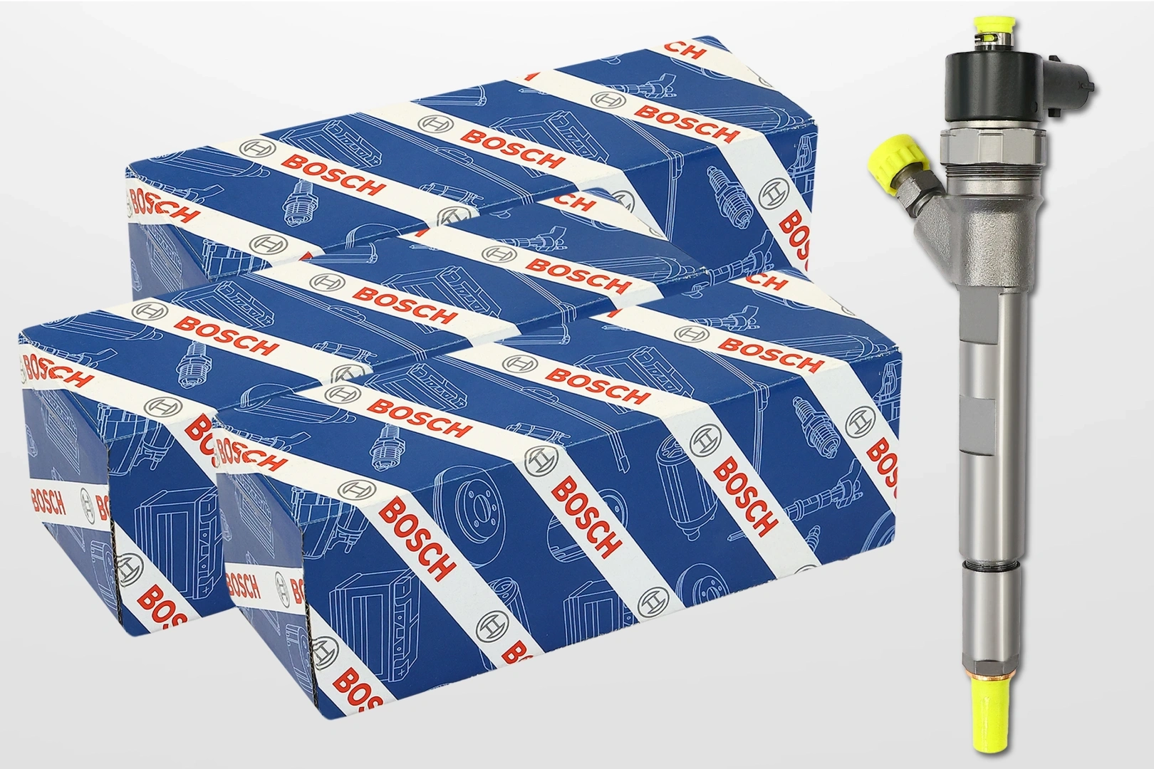 Wtryskiwacz Bosch 0445110159 z opakowaniami Bosch Jeden wtryskiwacz Bosch 0445110159 obok kilku opakowań Bosch