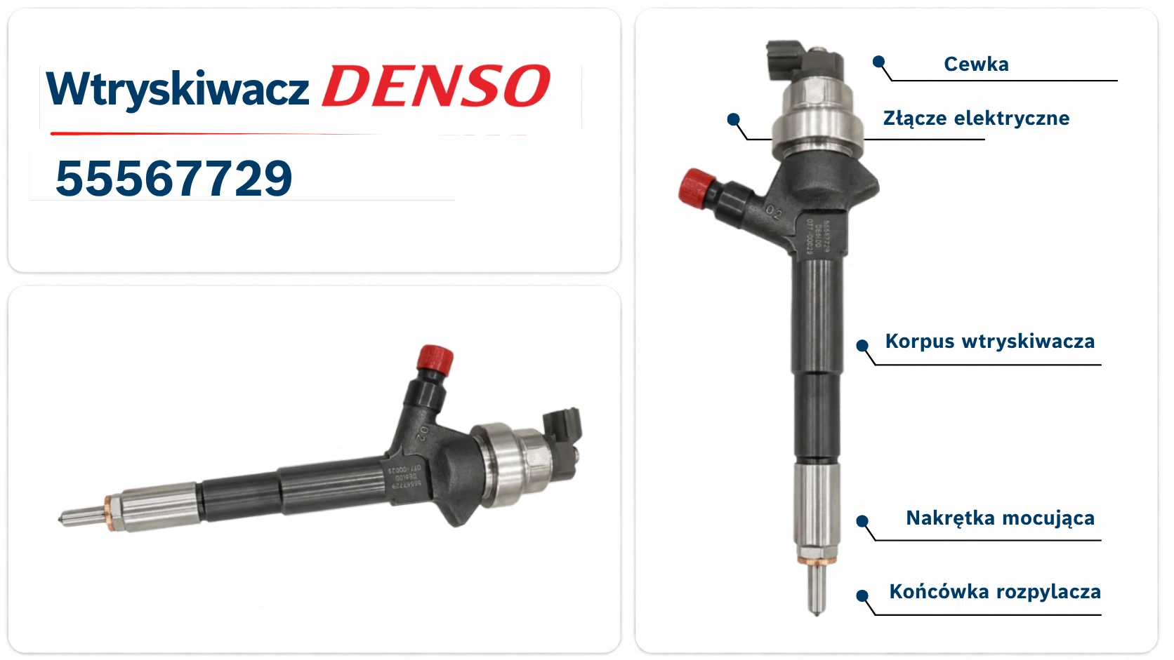 Oznaczenia wtryskiwacza Denso 55567729 Numery 55567729 i DCRI300050 przypisane do wtryskiwacza Denso Common Rail
