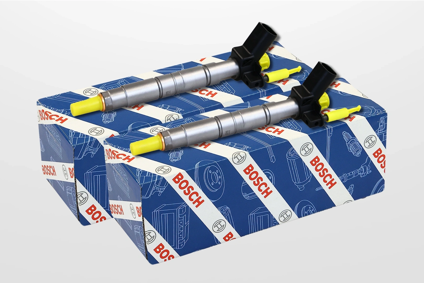 Wtryskiwacze Bosch 0445116024 w wariancie sprzedażowym Dwa wtryskiwacze Bosch 0445116024 na opakowaniach