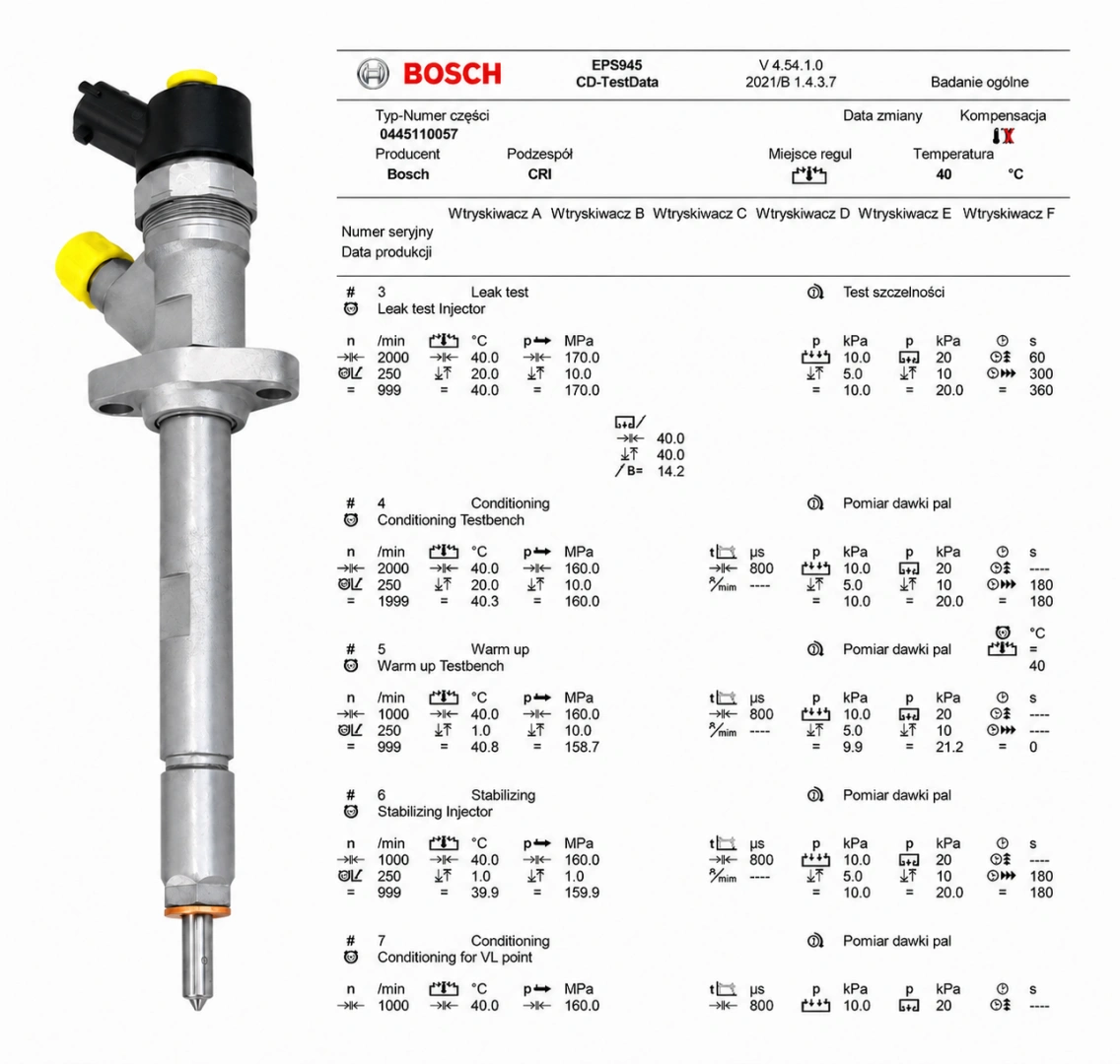 Wtryskiwacz Bosch 0445110057 z dokumentacją testu