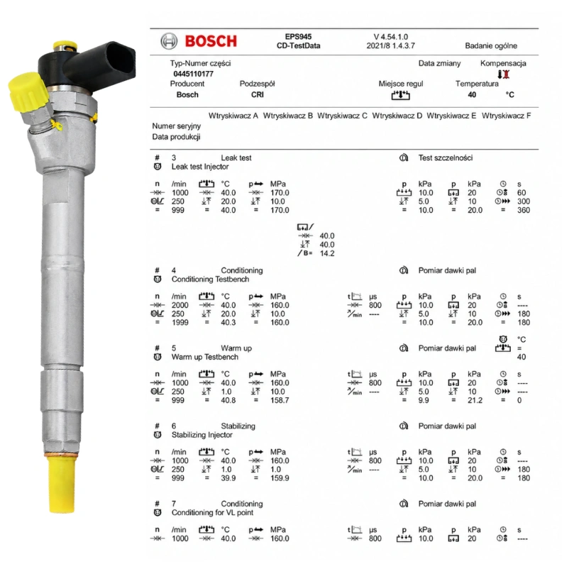 Bosch 0445110177 z dokumentacją testu Wtryskiwacz Bosch 0445110177 z protokołem parametrów