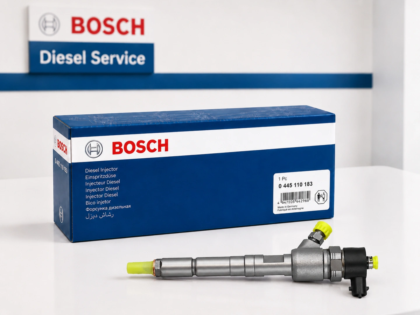 Produktowy wtryskiwacz Bosch 0445110183 z opakowaniem do Fiat 1.3 MultiJet i Opel 1.3 CDTI