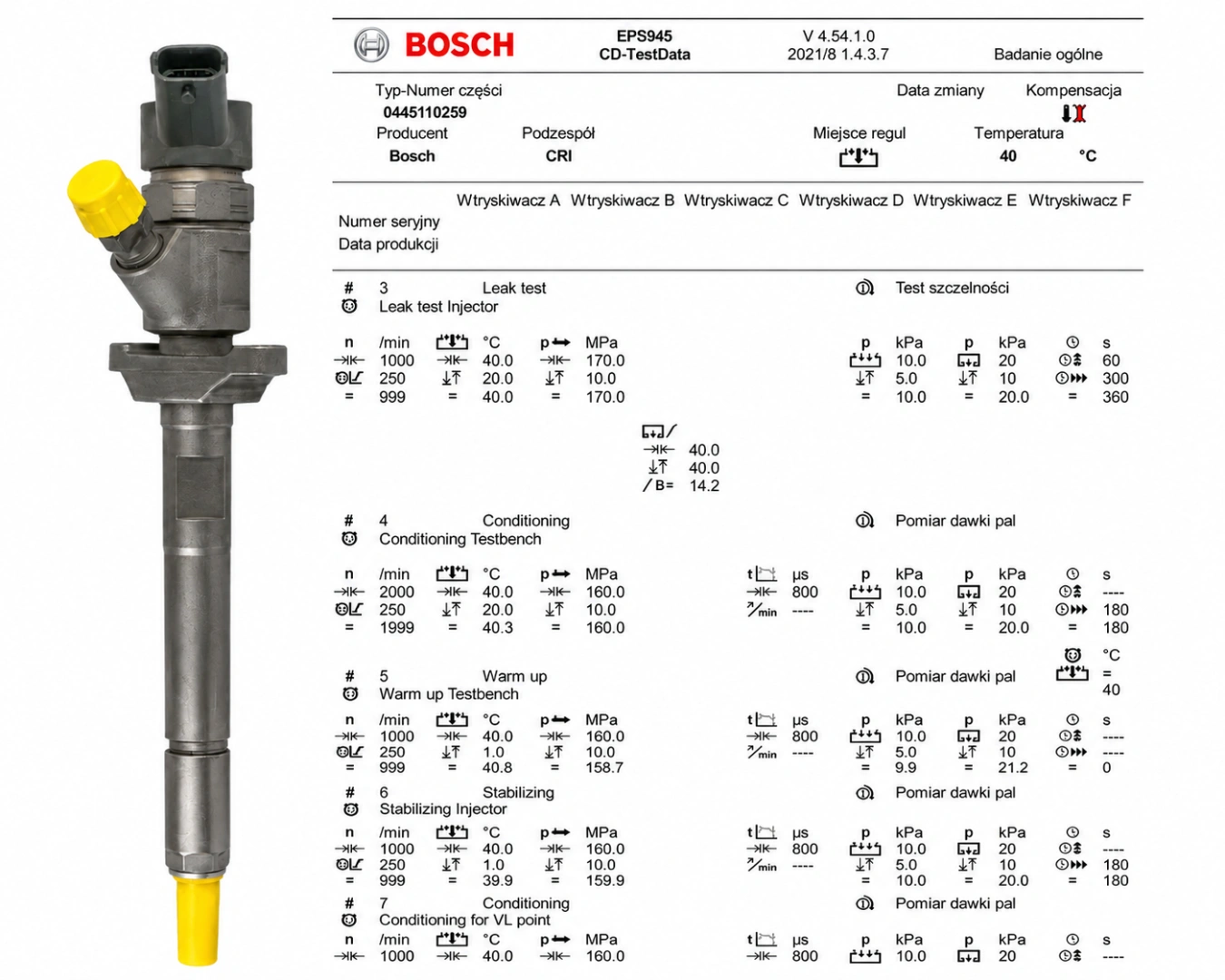 Bosch 0445110259 z protokołem testowym Wtryskiwacz Bosch 0445110259 z dokumentacją parametrów