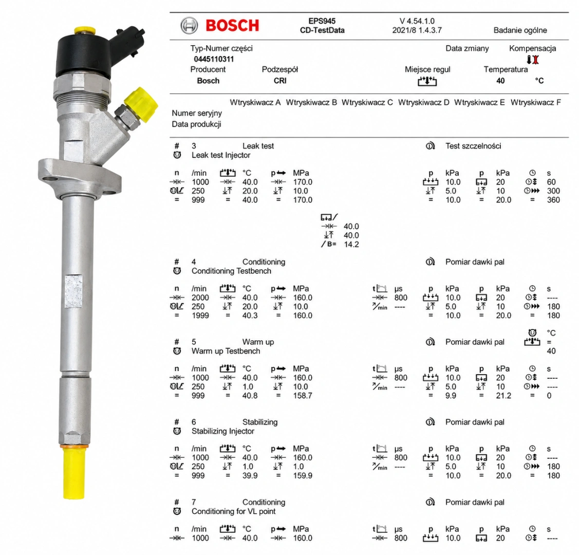 Wtryskiwacz Bosch 0445110311 z dokumentacją parametrów