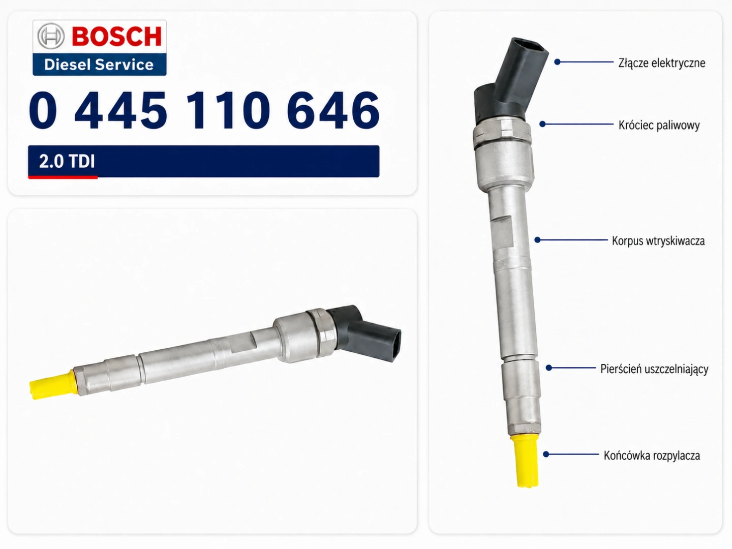 Bosch 0445110646 z oznaczeniem OE 03L130277J i 03L130277Q Oznaczenie Bosch 0445110646 na wtryskiwaczu Common Rail