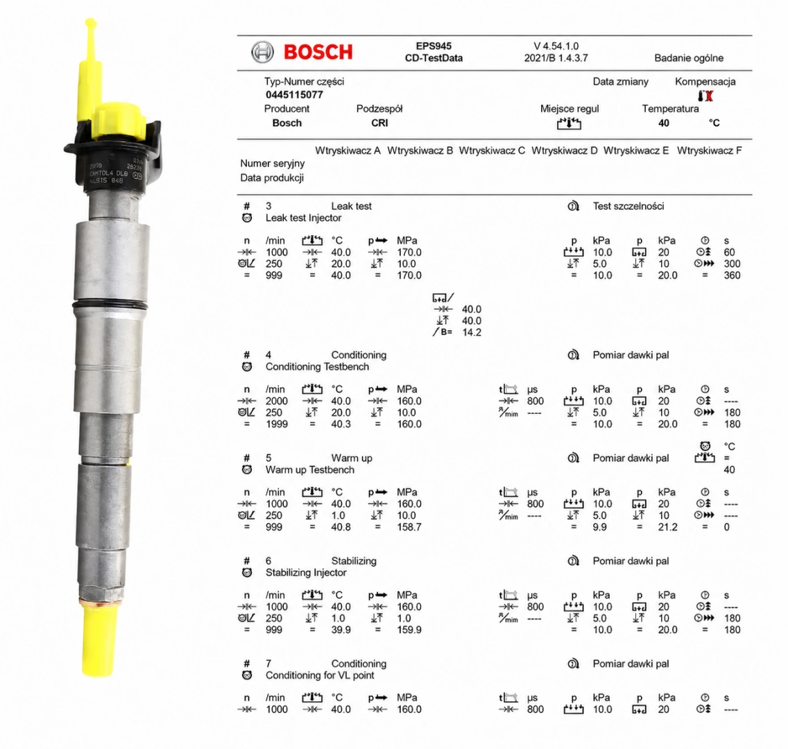 Bosch 0445115077 z protokołem testowym Wtryskiwacz Bosch 0445115077 z dokumentacją testu parametrów