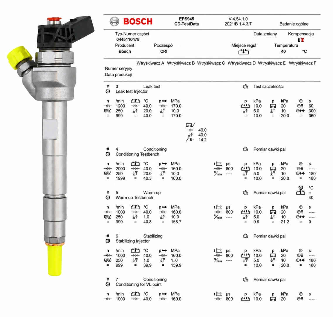 Wtryskiwacz Bosch z dokumentacją testu parametrów