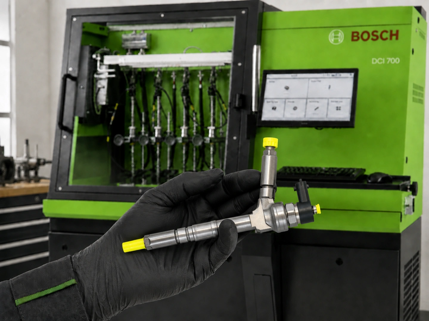 Testowanie wtryskiwaczy Common Rail w Bosch Diesel Service Stanowisko probiercze Bosch do diagnostyki wtryskiwaczy