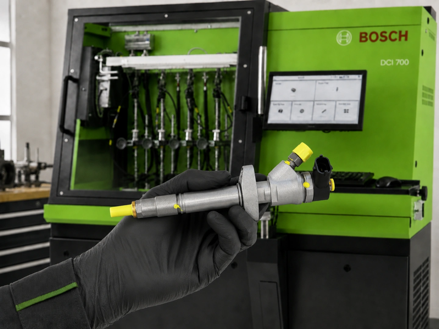 Testowanie wtryskiwaczy Common Rail w Bosch Diesel Service Stanowisko probiercze Bosch do diagnostyki wtryskiwaczy