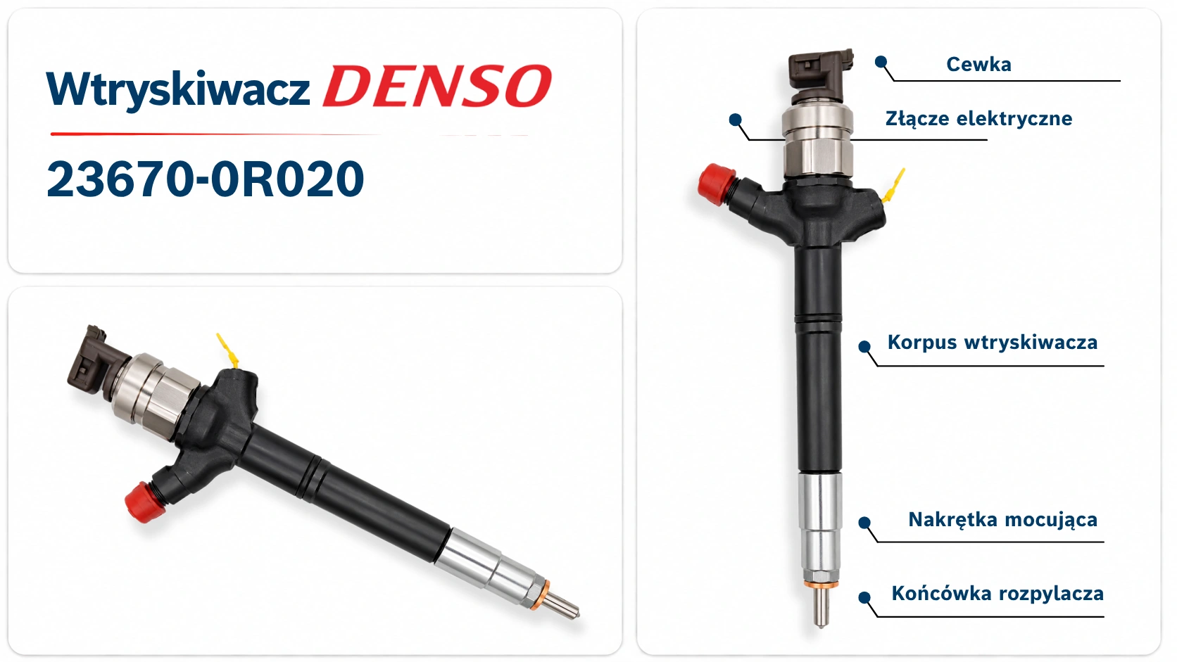 Budowa wtryskiwacza Denso 23670-0R020 Elementy konstrukcyjne wtryskiwacza Denso 23670-0R020 do układu Common Rail