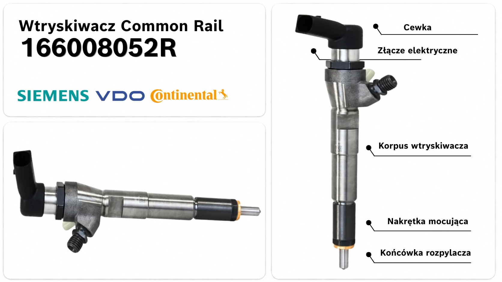 Budowa wtryskiwacza Siemens VDO / Continental 166008052R Elementy budowy wtryskiwacza Siemens VDO / Continental 166008052R Common Rail