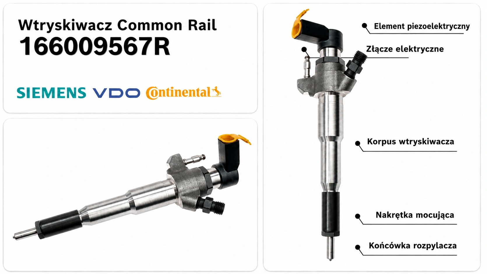 Elementy budowy wtryskiwacza Siemens VDO Continental 166009567R Common Rail