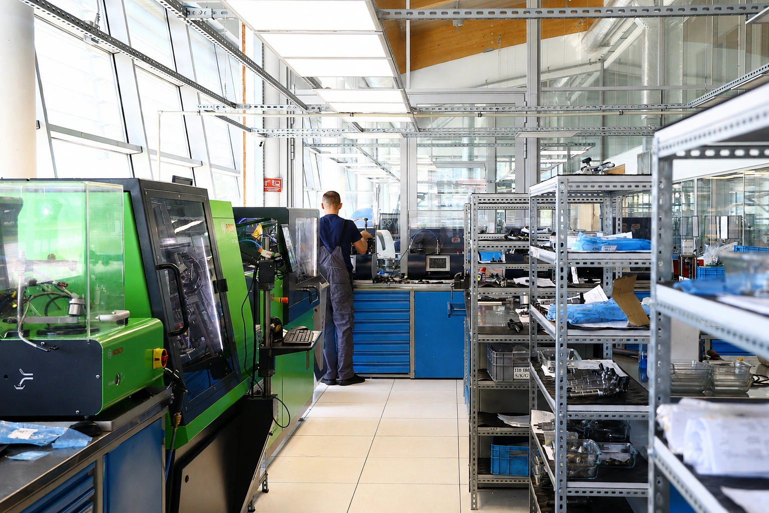 Diagnostyka i regeneracja wtryskiwaczy benzynowych w pracowni Technik pracujący przy specjalistycznym stanowisku diagnostycznym do testowania i regeneracji wtryskiwaczy benzynowych.