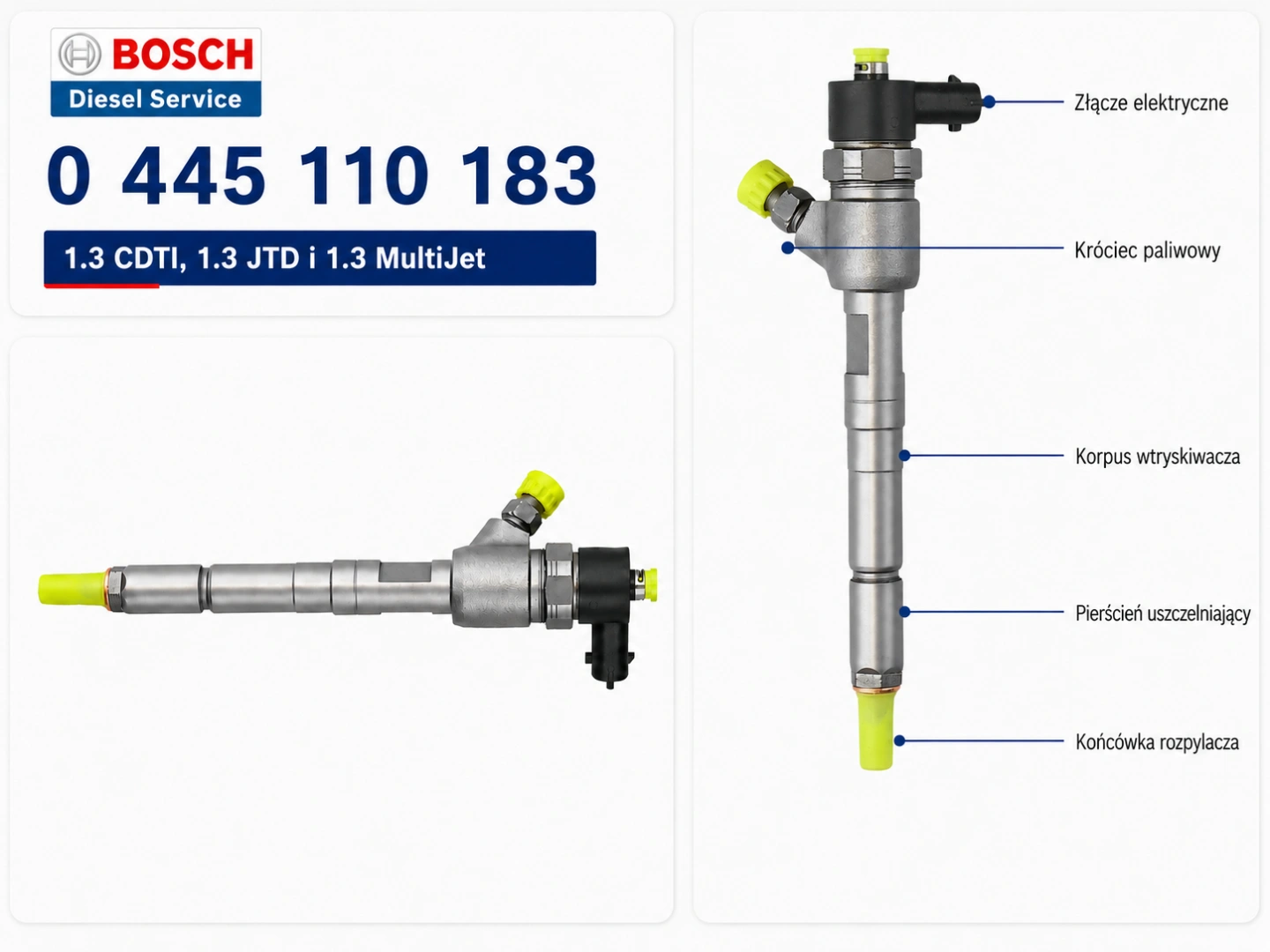 Numer Bosch 0445110183 na wtryskiwaczu Common Rail do Fiat i Opel 1.3 diesel
