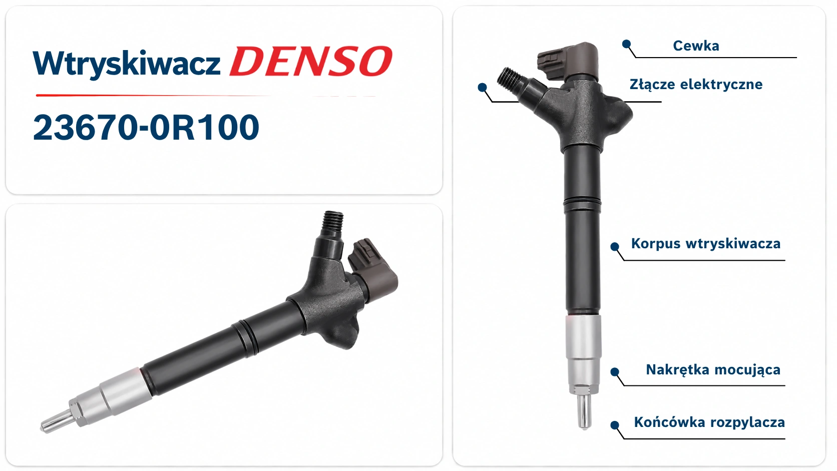 Oznaczenie wtryskiwacza Denso 23670-0R100 Wtryskiwacz Denso 23670-0R100 z oznaczeniem części do silnika 2.0 D-4D