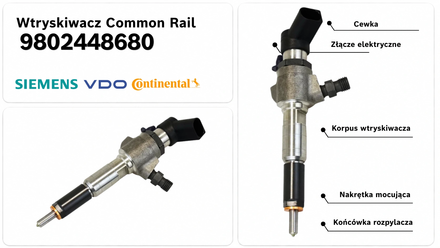 Budowa wtryskiwacza Siemens VDO Continental przypisanego do numeru 9802448680 Budowa wtryskiwacza Siemens VDO Continental 9802448680