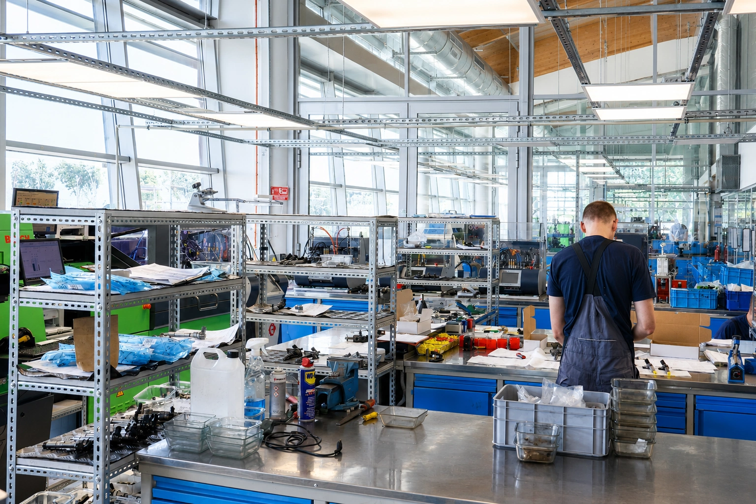 Pracownia diagnostyki i regeneracji wtryskiwaczy benzynowych Technik pracujący przy stanowisku serwisowym w specjalistycznej pracowni obsługi wtryskiwaczy benzynowych