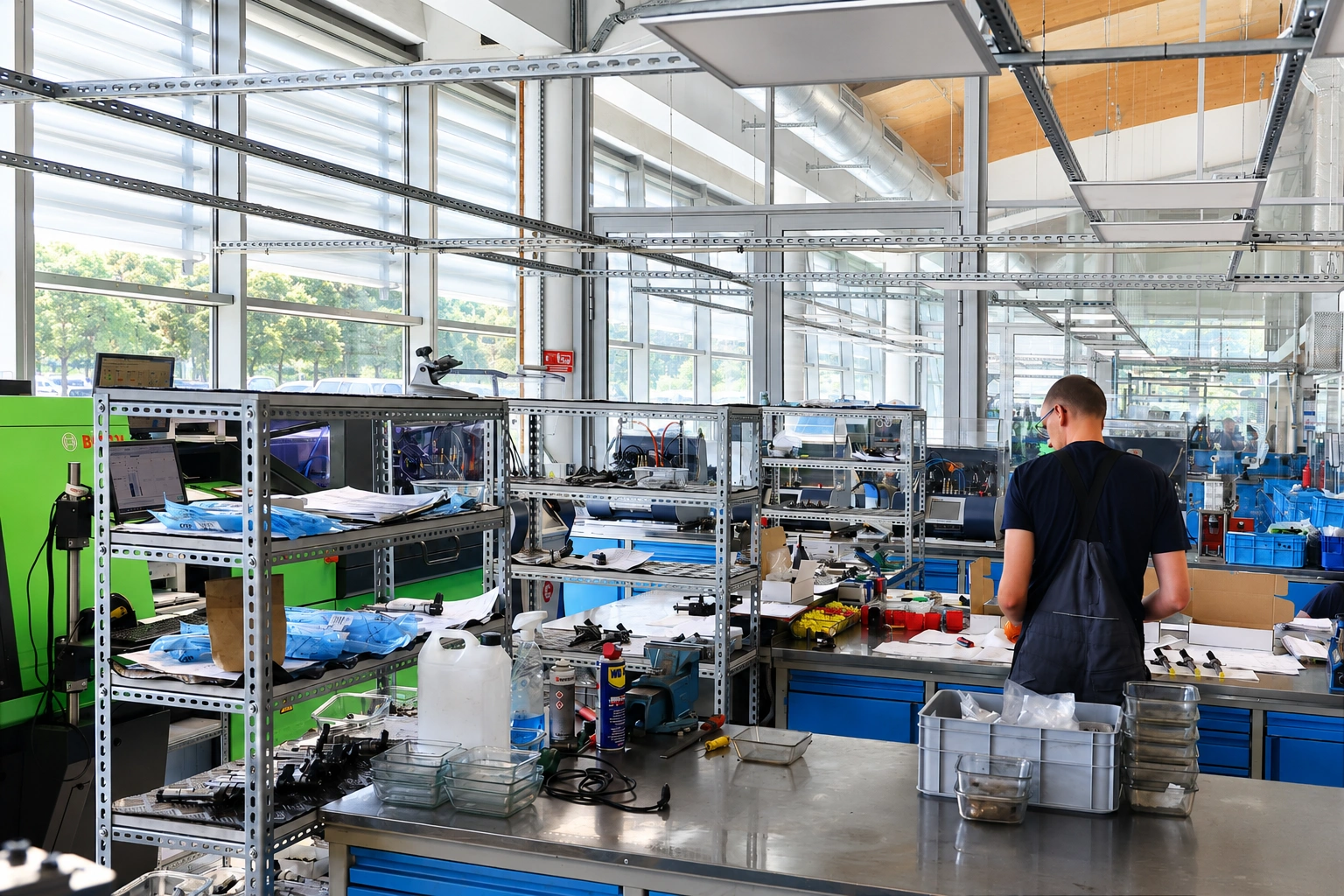 Technik pracujący przy stanowisku serwisowym w pracowni diagnostyki i regeneracji wtryskiwaczy