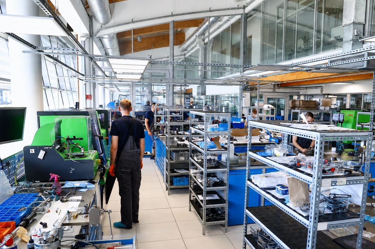Technicy pracujący w nowoczesnej pracowni regeneracji i diagnostyki wtryskiwaczy