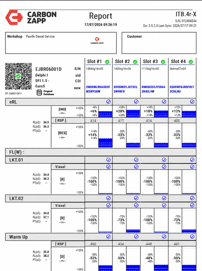 Wtryskiwacz EJBR06001D z wydrukiem parametrów