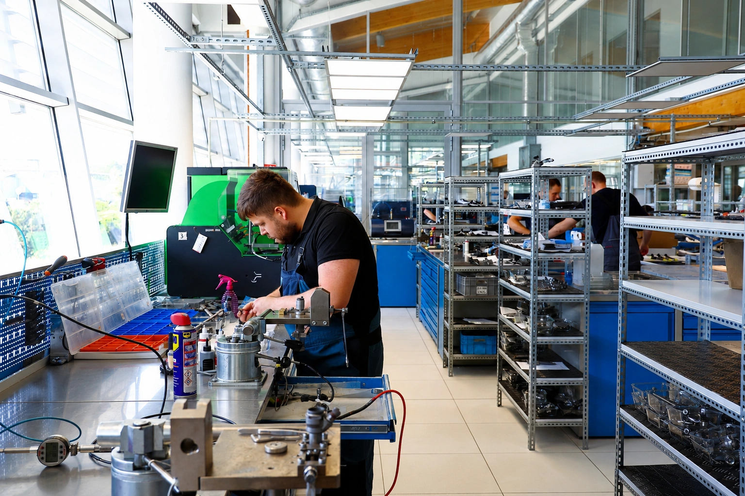 Technik wykonujący precyzyjne prace przy wtryskiwaczu w pracowni regeneracji