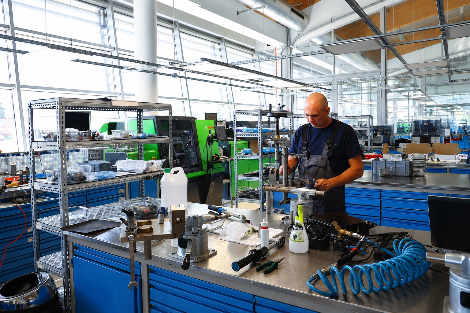 Regeneracja wtryskiwaczy w specjalistycznej pracowni Technik pracujący przy stanowisku do regeneracji wtryskiwaczy