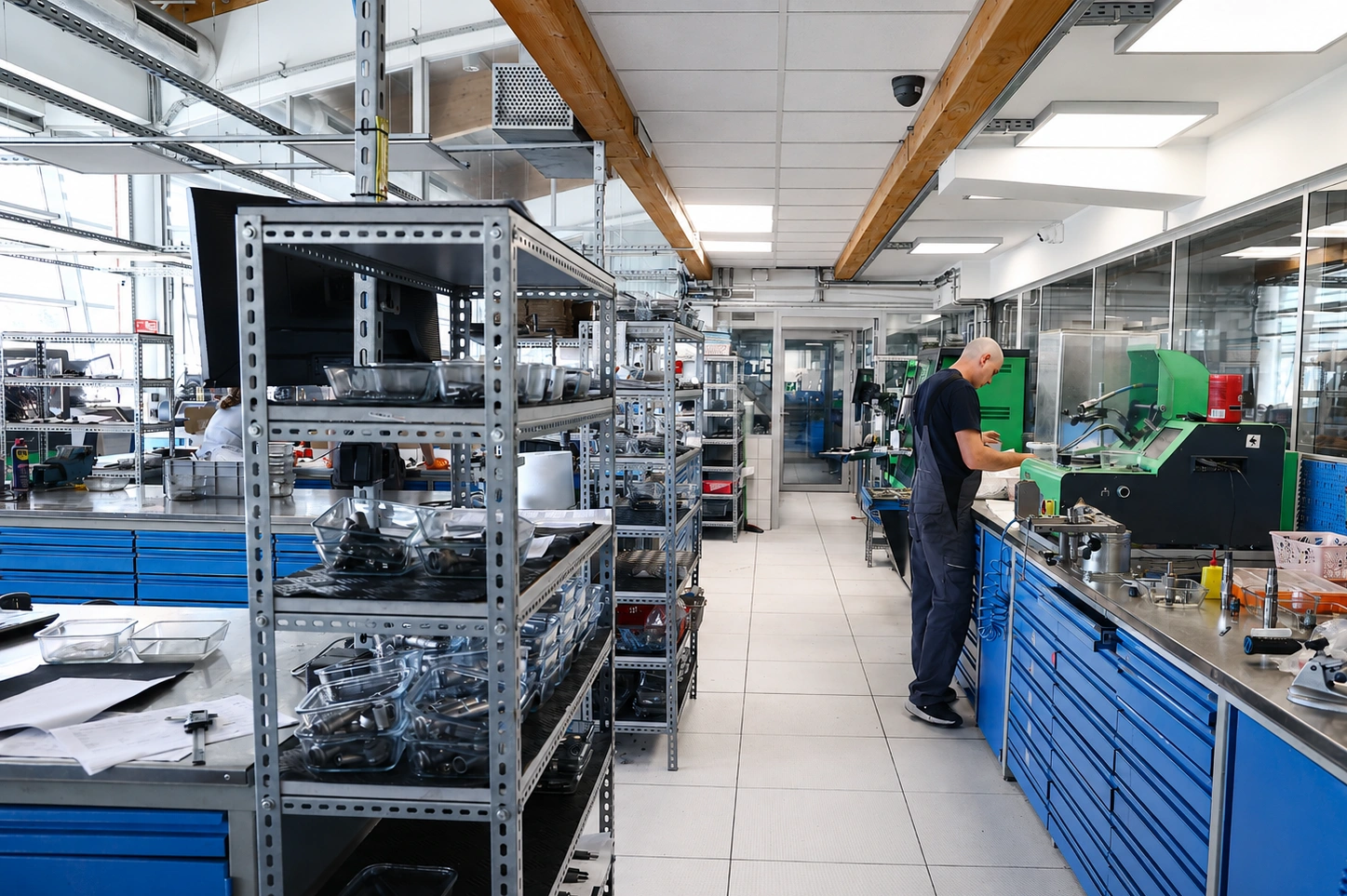 Specjalistyczne stanowisko do diagnostyki i regeneracji wtryskiwaczy Technik pracujący przy stanowisku serwisowym w pracowni regeneracji wtryskiwaczy