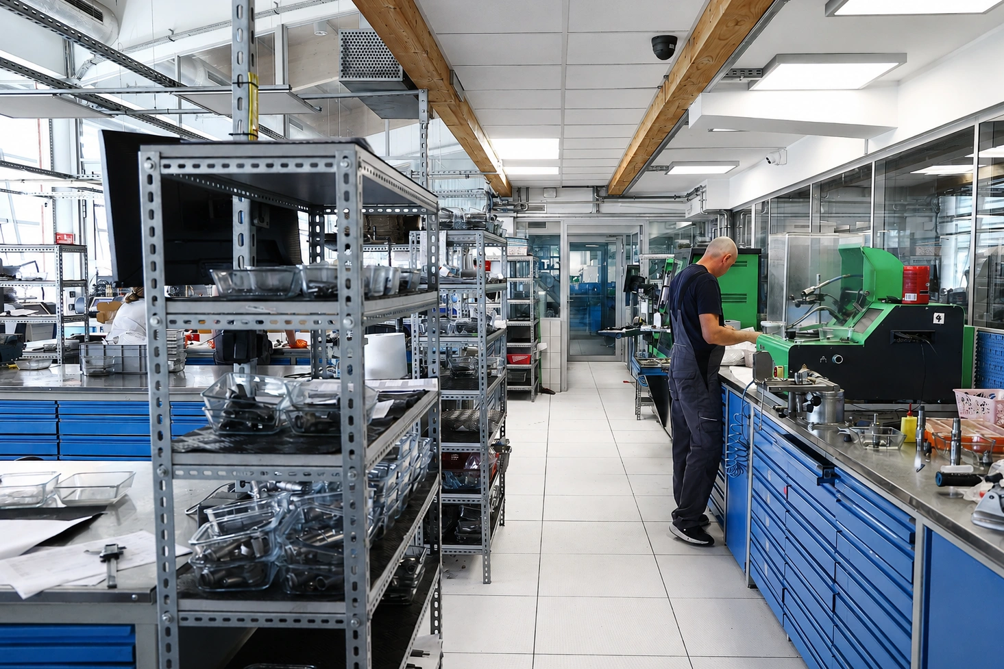 Technik pracujący przy stanowisku do diagnostyki i regeneracji wtryskiwaczy w specjalistycznej pracowni