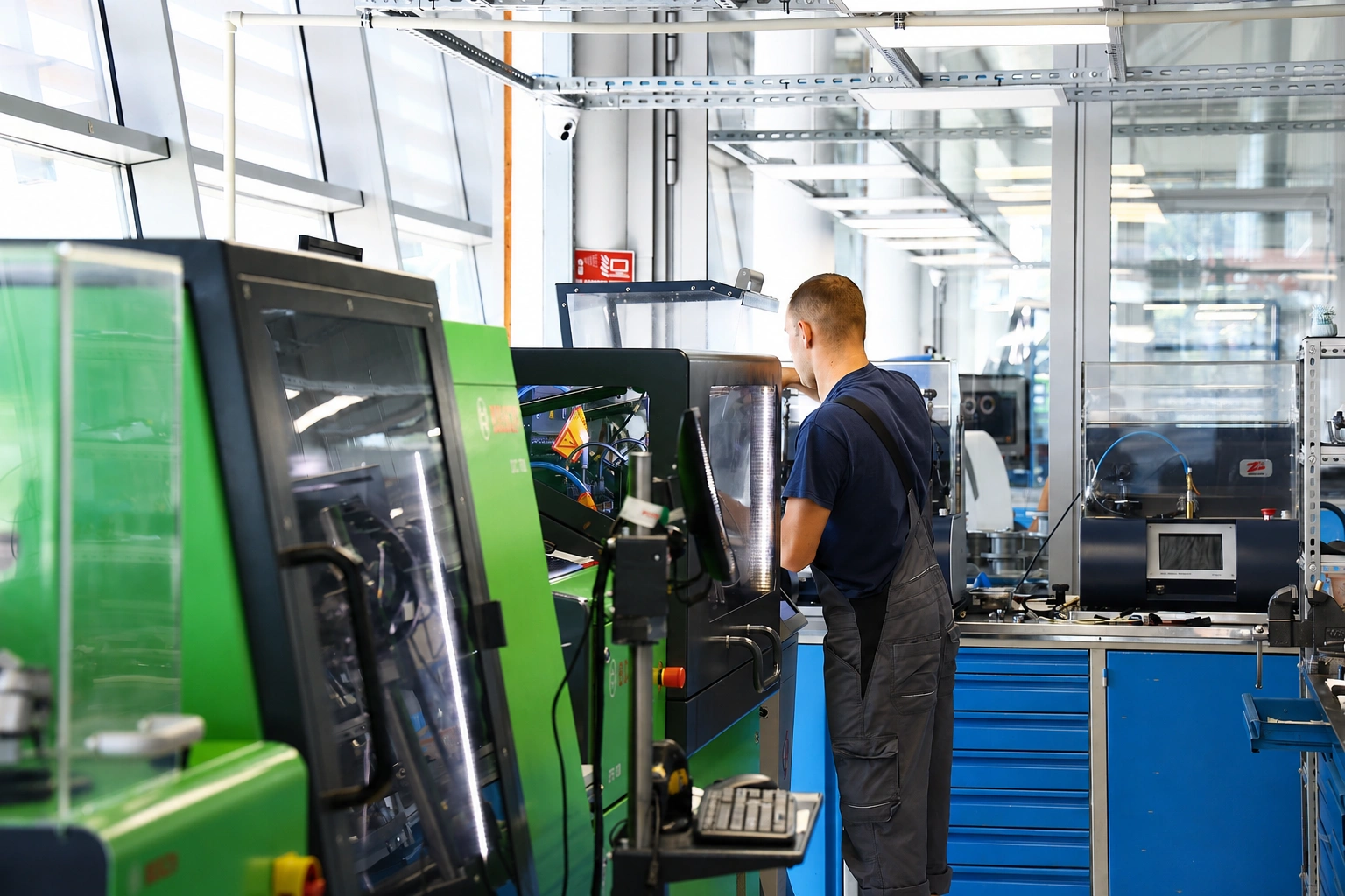 Technik obsługujący specjalistyczne stanowisko do diagnostyki wtryskiwaczy benzynowych. Technik obsługujący specjalistyczne stanowisko do diagnostyki wtryskiwaczy benzynowych.