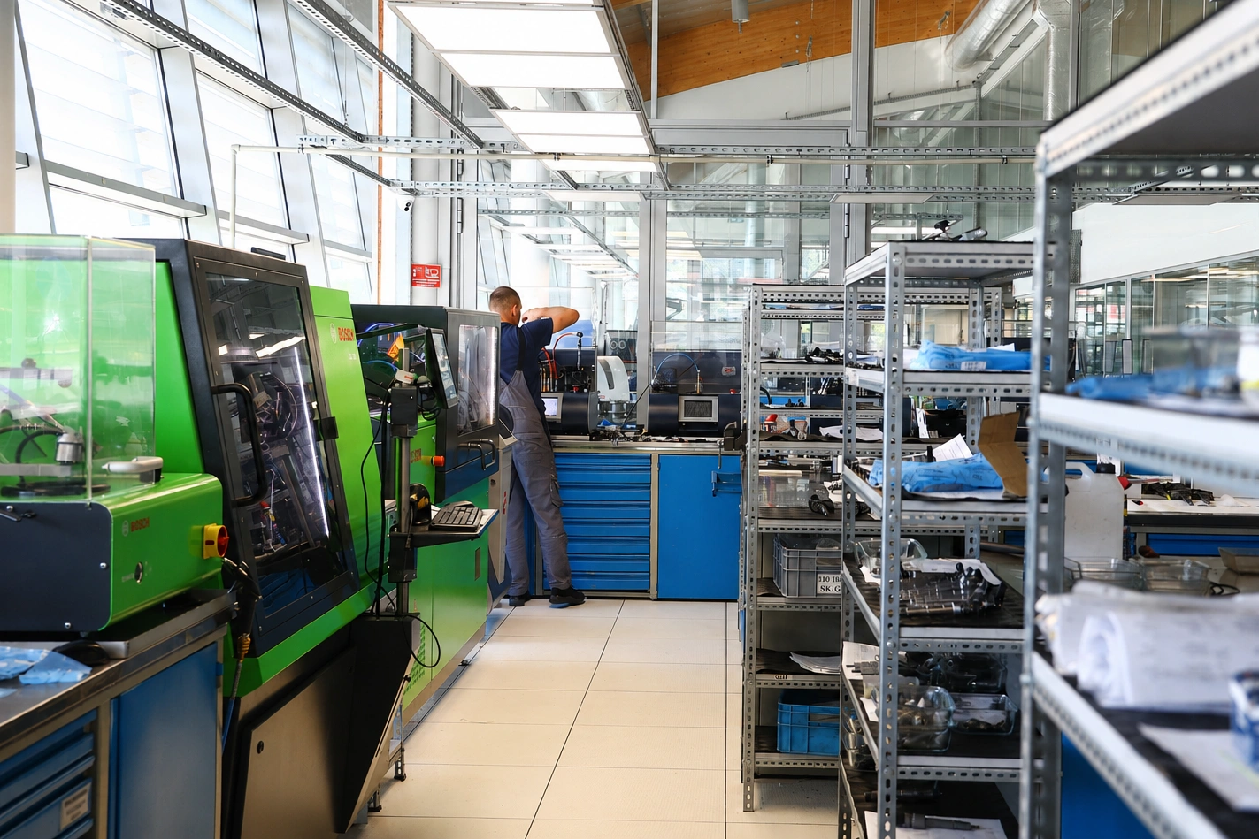 Technik pracuje przy stanowisku diagnostycznym w specjalistycznej pracowni wtryskiwaczy wyposażonej w urządzenia Bosch. Technik pracuje przy stanowisku diagnostycznym w specjalistycznej pracowni wtryskiwaczy wyposażonej w urządzenia Bosch.