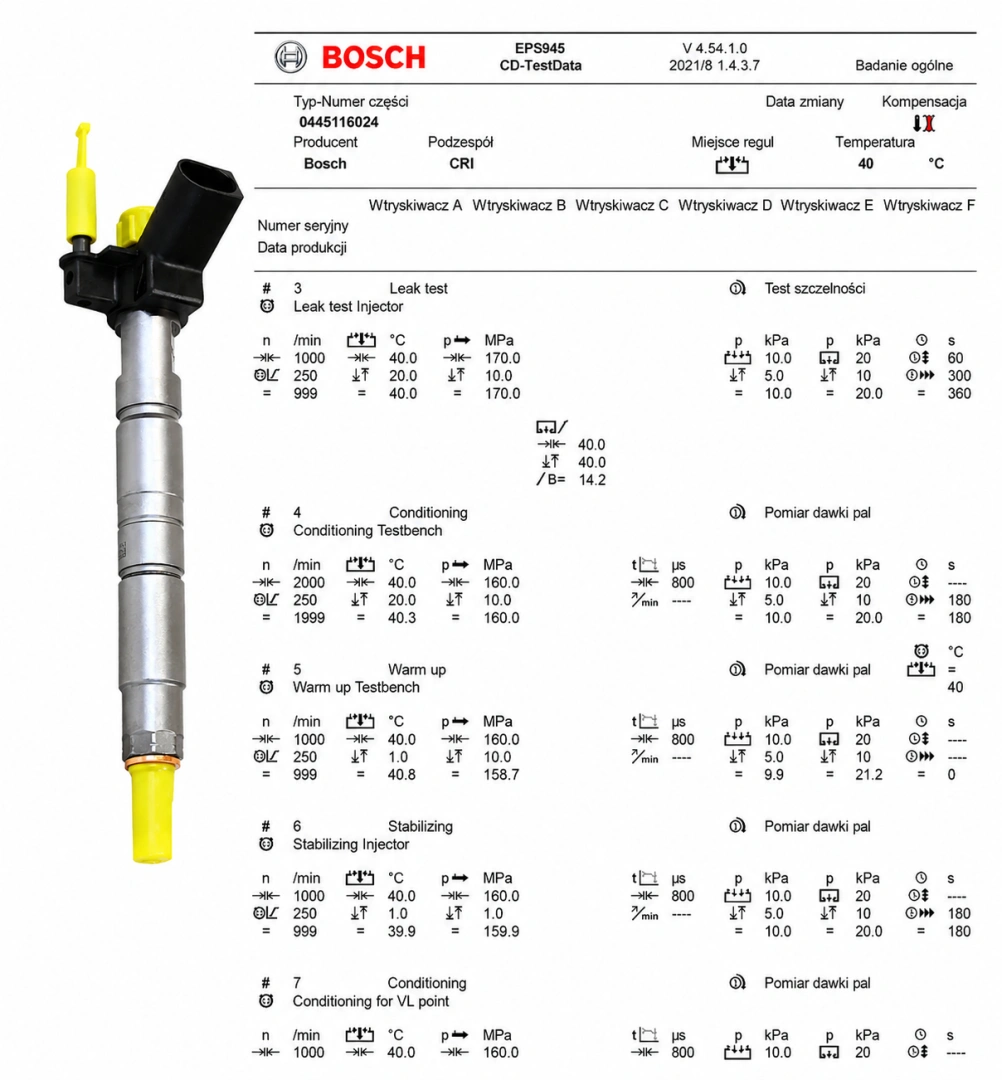 Test parametrów Bosch 0445116024 Wtryskiwacz z protokołem testowym