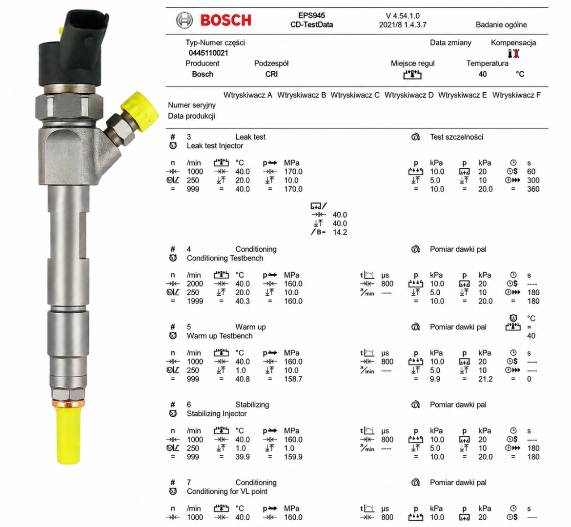 Test parametrów wtryskiwacza Bosch 0445110021 Wtryskiwacz Bosch 0445110021 z protokołem testowym