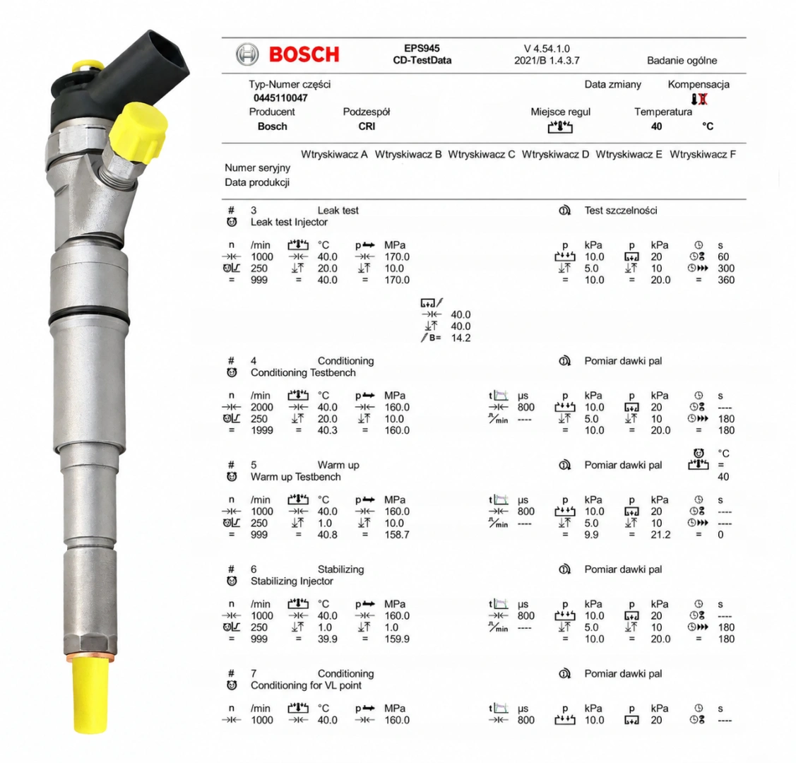 Wtryskiwacz Bosch 0445110047 z dokumentacją testu