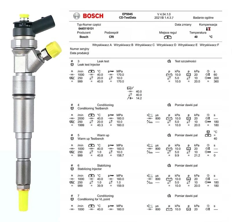 Test parametrów wtryskiwacza Bosch 0445110131 Wtryskiwacz Bosch z protokołem testu parametrów