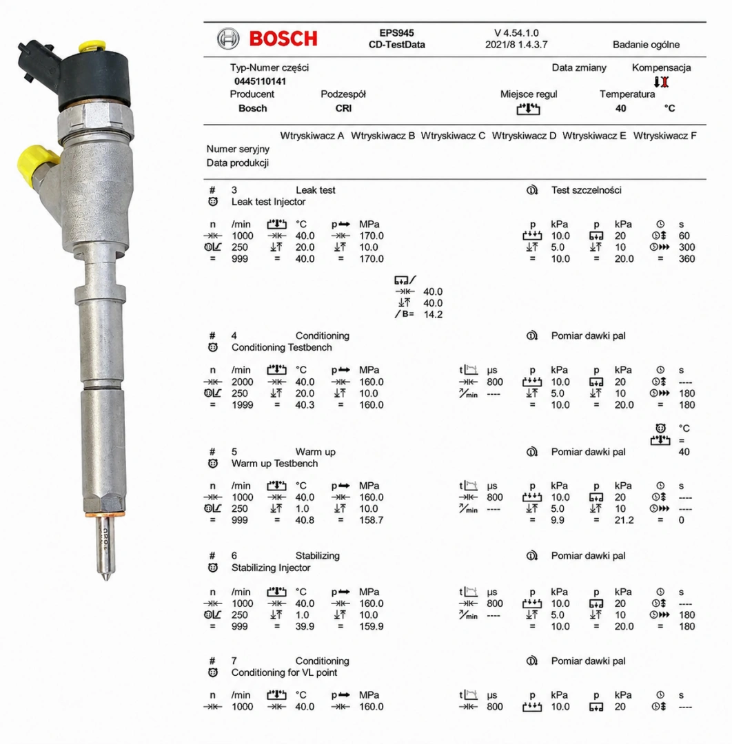 Wtryskiwacz Bosch 0445110141 z potwierdzeniem kontroli parametrów