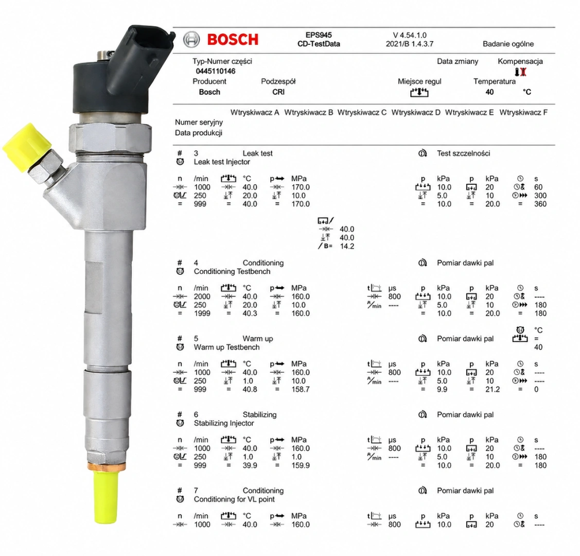 Test parametrów wtryskiwacza Bosch 0445110146 Wtryskiwacz Bosch z protokołem testu parametrów