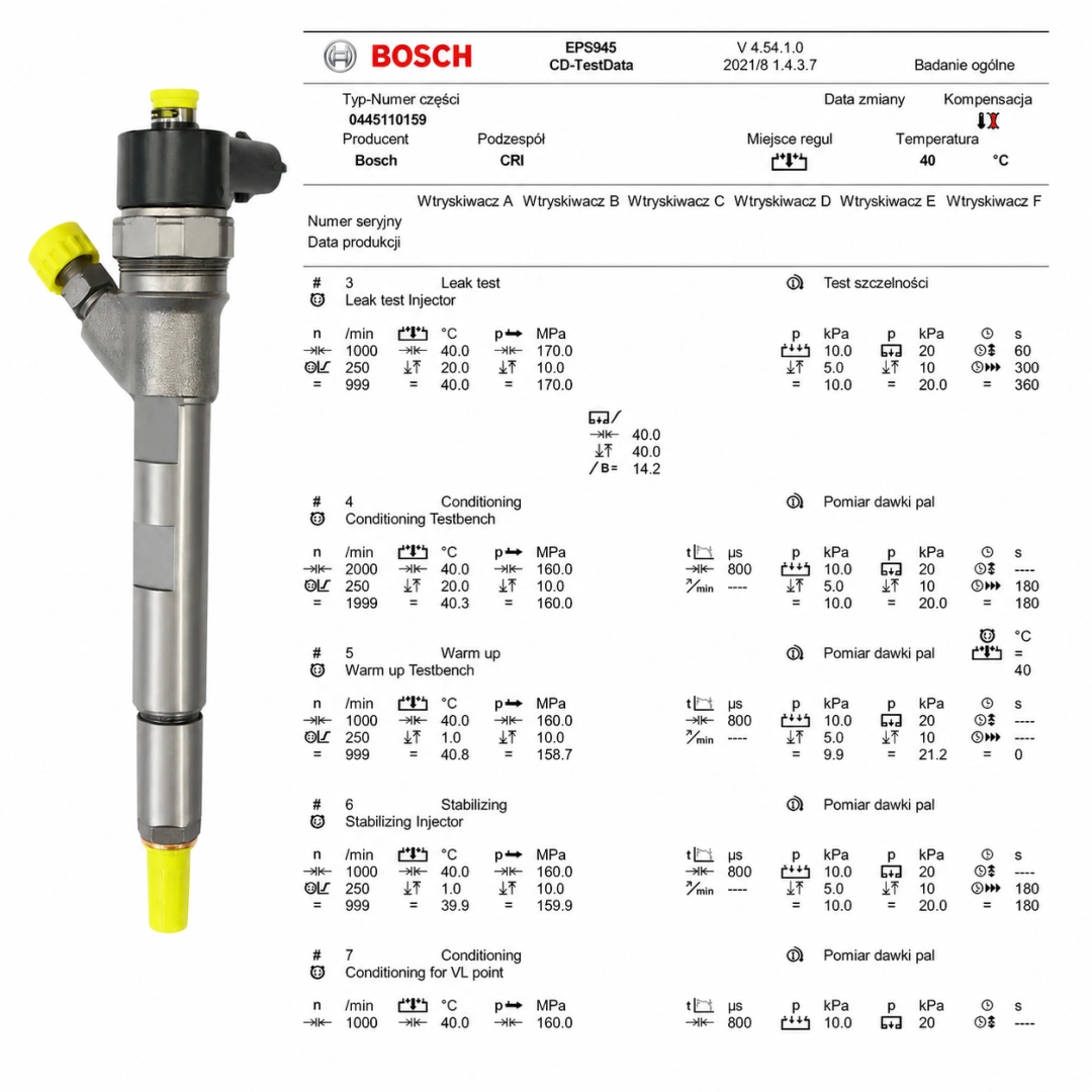 Test parametrów wtryskiwacza Bosch 0445110159 Wtryskiwacz Bosch 0445110159 z protokołem testowym